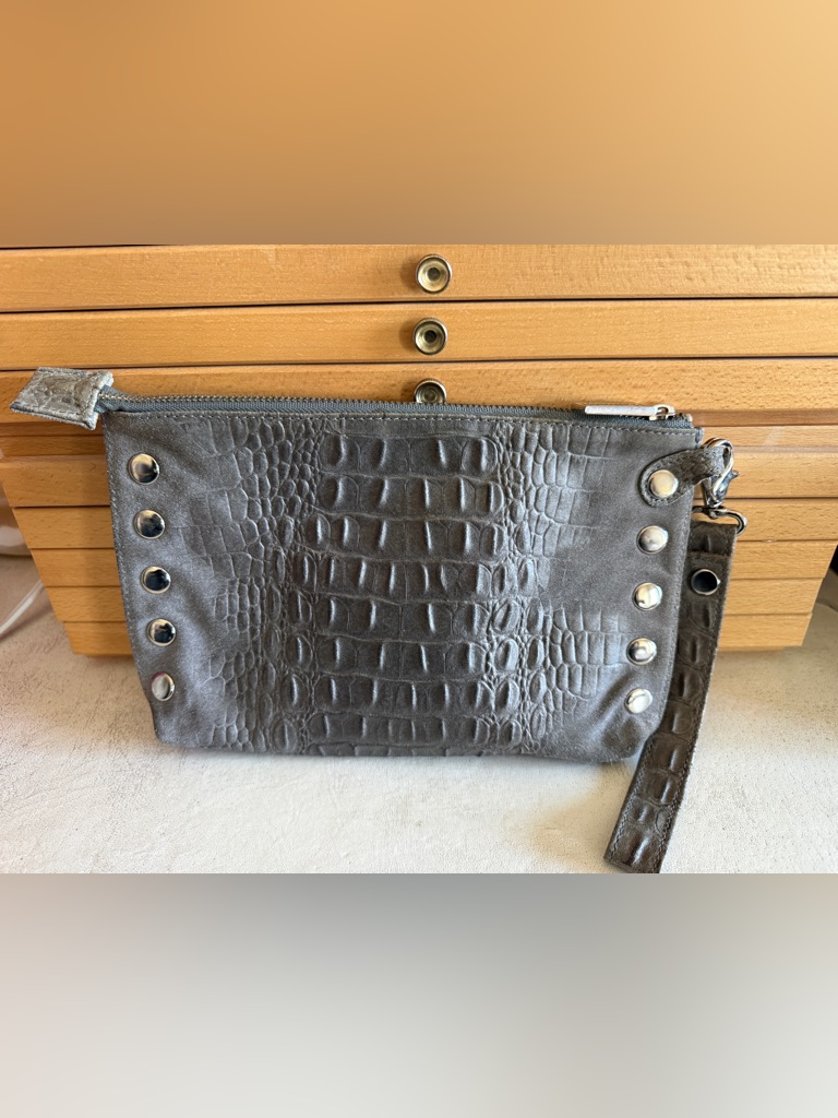 Hammitt Gray Leather Croc Embossed Studded Clutch Wristlet Pouch